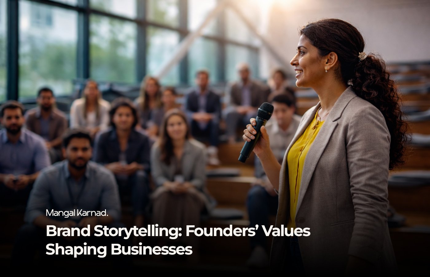 Founder speaking to an audience while sharing the story behind starting her company and the business problems it aims to solve.