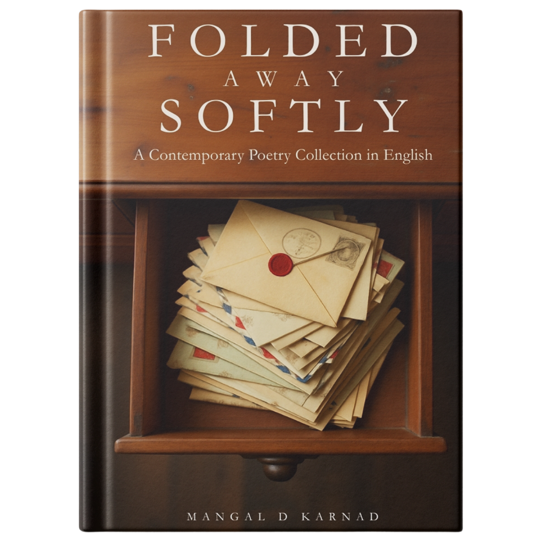Mockup of the book cover of Folded Away Softly, a contemporary poetry collection in English by Mangal D Karnad