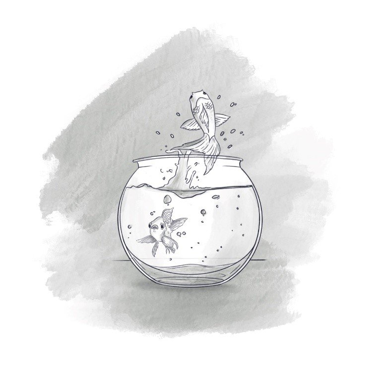 Fish leaping out of a glass bowl while another remains inside, symbolizing escape from confinement and the need for freedom.