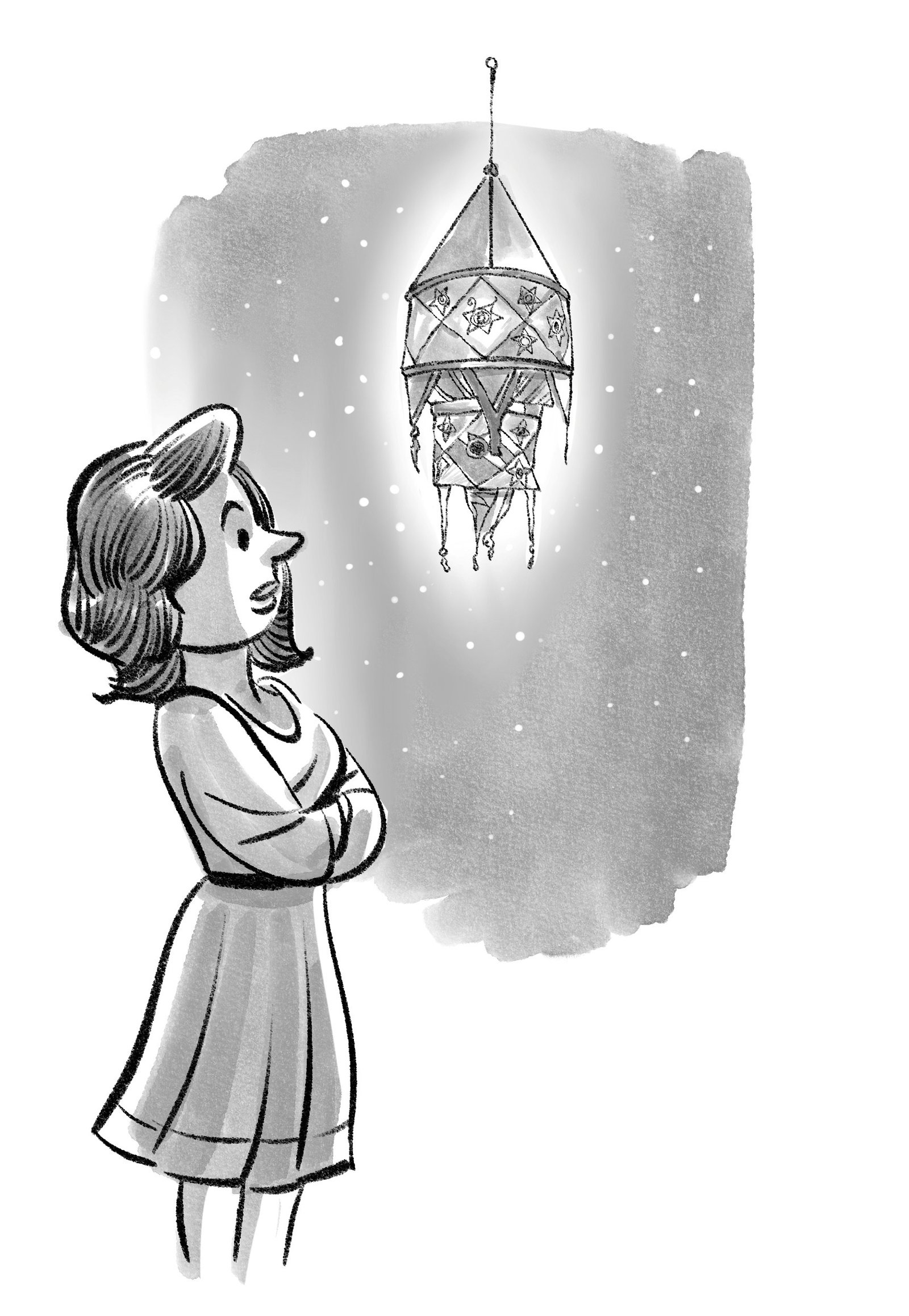 Woman standing thoughtfully under a hanging lantern, symbolizing ambition, and feeling not quite where she hoped to be in life.